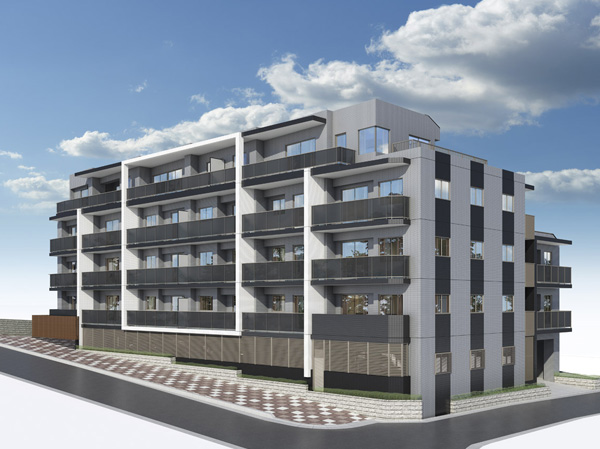 Buildings and facilities. 7 station 5 line Available. Birth to the residential area of ​​the first kind medium and high-rise exclusive residential area calm street spreads. South ・ Facing two sides of the east side of the road, Since the site south side of the road there is a wide and spacious provided with a sidewalk on both sides, Daylighting ・ Ventilation is also good. (Exterior - Rendering /  ※ Which was raised drawn based on drawing, In fact a slightly different.  ※ Tree species of planting ・ For the size of the, It has become unsettled, It does not grow to about Rendering at the time of completion. Also planting does not indicate the status of a particular season)