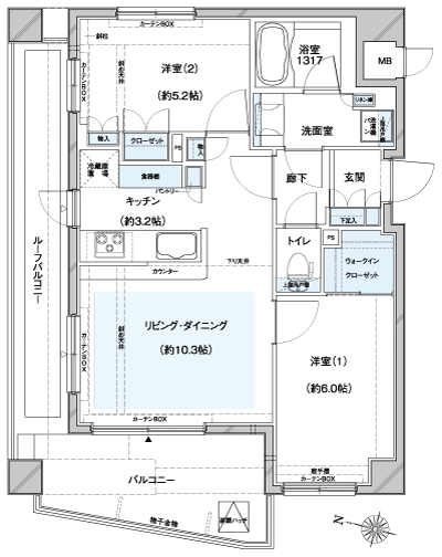 Floor: 2LDK + WIC, the occupied area: 55.57 sq m