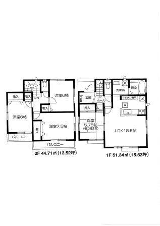 Floor plan. (E Building), Price 38,800,000 yen, 4LDK, Land area 133.73 sq m , Building area 96.05 sq m