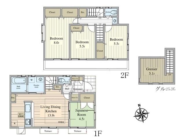 43,800,000 yen, 4LDK, Land area 113.76 sq m , Building area 90.96 sq m floor plan