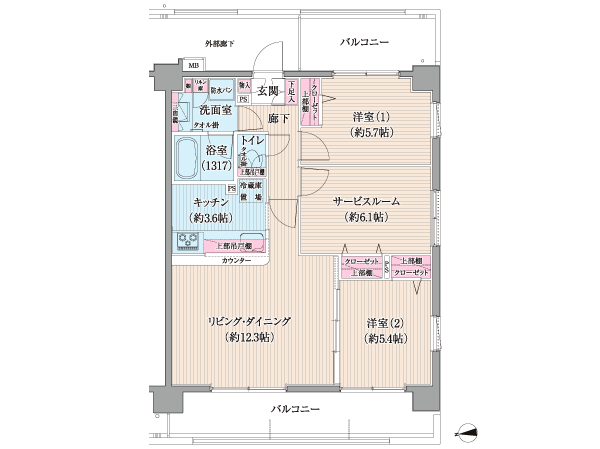 Room and equipment. D type / Footprint: 68.82 sq m , Balcony area: 18.58 sq m , 3 face lighting angle dwelling unit provided with a balcony to the front and rear 2LDK + S. Also, living ・ Adopted Wall door (movable partition) between the Western-style room adjacent to the dining, Spacious living room of about 17.7 Pledge When you open ・ It will be dining.