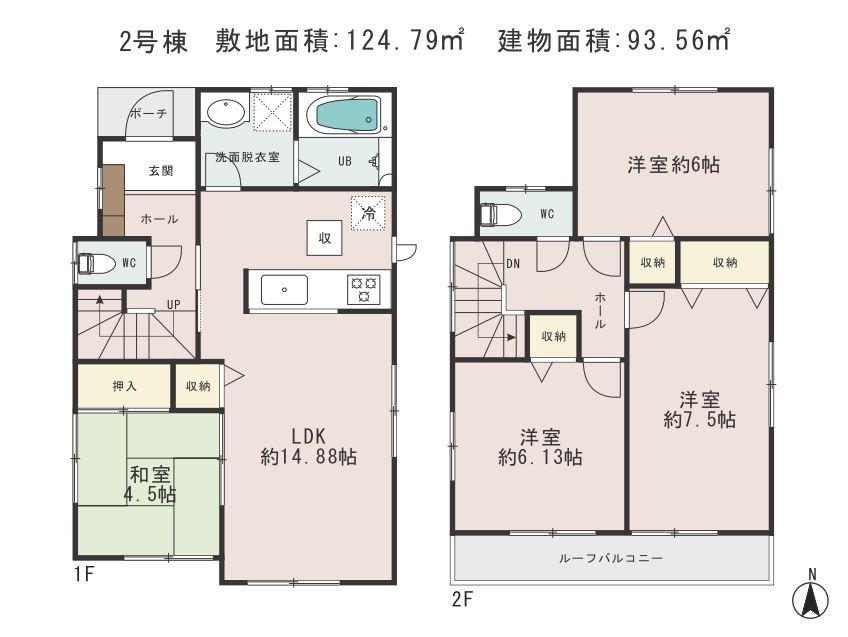 Floor plan. 42,800,000 yen, 4LDK, Land area 124.79 sq m , 4LDK with a building area of 93.56 sq m living dining and integrated available Japanese-style room