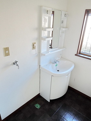 Washroom. Independent wash basin and washing machine inside the room