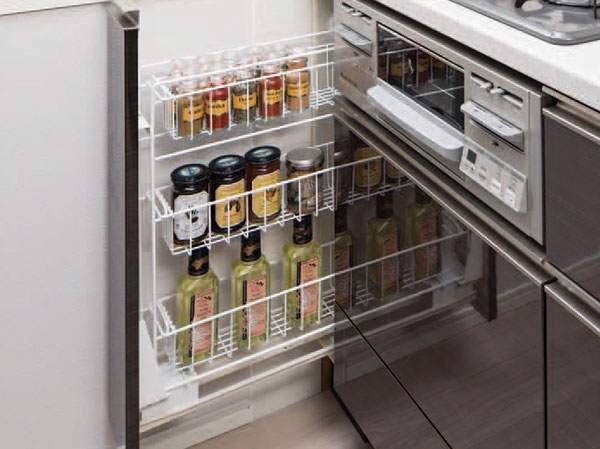 Kitchen.  [Spice rack] Installation convenient spice rack for storage, such as seasonings under the stove. It is convenient to be taken out with the whip, even while cooking.