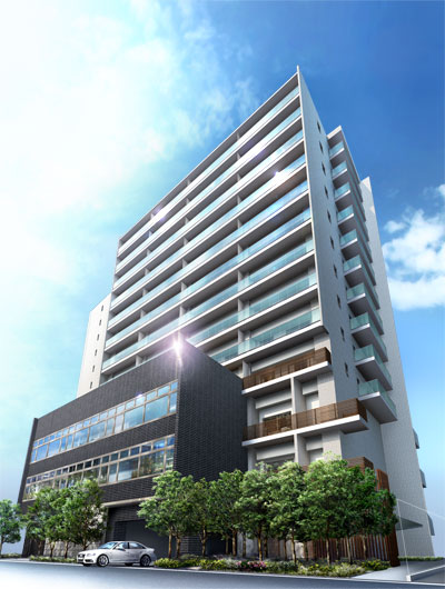 Shared facilities.  [Facade design while maintaining the urbane lightness to assert strongly the presence] Glass material has reflects the sky, Show us a rich expression in the season and the time of flow. (Exterior view)