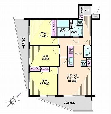Floor plan. 3LDK, Price 31,800,000 yen, Occupied area 64.93 sq m , Balcony area 16.89 sq m