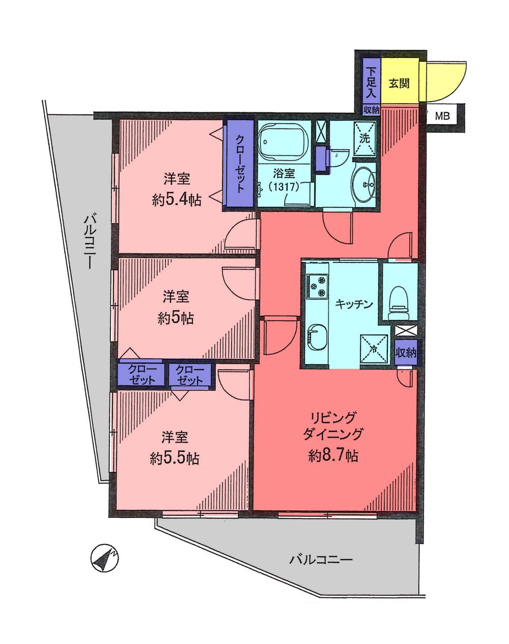 Floor plan. 3LDK, Price 31,800,000 yen, Occupied area 64.93 sq m , Balcony area 16.89 sq m