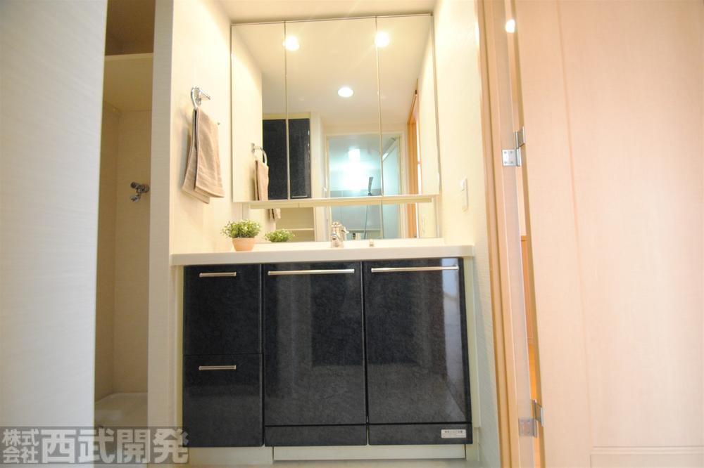 Wash basin, toilet. Three-sided mirror with makeup washbasin