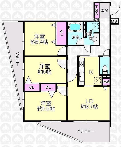 Floor plan. 3LDK, Price 31,800,000 yen, Occupied area 64.93 sq m , Balcony area 16.89 sq m