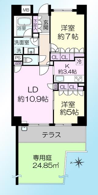 Floor plan. 2LDK, Price 28.8 million yen, Occupied area 61.54 sq m