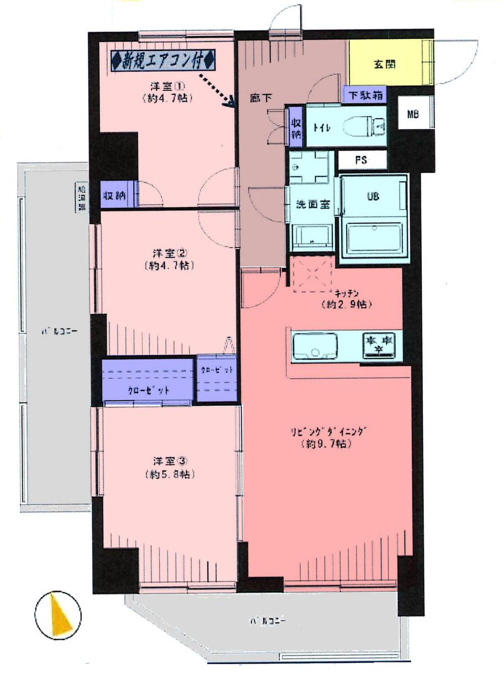 Floor plan. 3LDK, Price 31,800,000 yen, Footprint 65 sq m , Balcony area 13.6 sq m