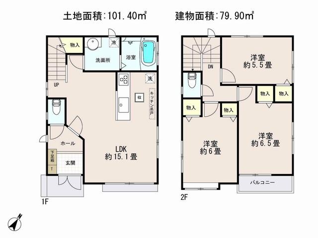 Floor plan. (B Building), Price 38,400,000 yen, 3LDK, Land area 101.4 sq m , Building area 79.9 sq m