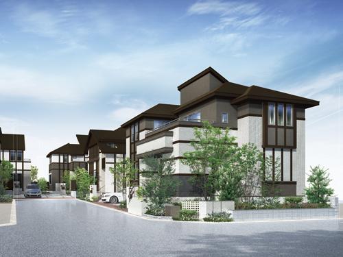 Cityscape Rendering. Five of the mansion that Sils is born a new prestige to the land of educational city "National", which boasts a beautiful city and the rich urban environment. In order to create a suitable fine landscape in the corner of a quiet street, Planning the streets and attention to planting and Haito interval (streetscape complete 予図)