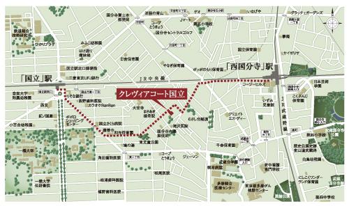 Local guide map. District educational the beautiful streets that are nestled in the green spread "National" is, And high lifestyle convenience of peripheral station bustle, Coexist calm a living environment as a step entered the mansion areas from the hustle and bustle of the main street. It gives us joy to live in this land (local guide map)