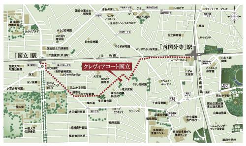 Cityscape Rendering. District educational the beautiful streets that are nestled in the green spread "National" is, And high lifestyle convenience of peripheral station bustle, Coexist calm a living environment as a step entered the mansion areas from the hustle and bustle of the main street. It gives us joy to live in this land (local guide map)