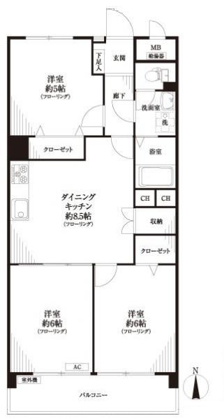 Floor plan. 3DK, Price 23.8 million yen, Occupied area 58.39 sq m , Balcony area 6.6 sq m
