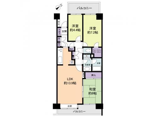 Floor plan. 3LDK, Price 28.8 million yen, Occupied area 72.48 sq m , Since the balcony area 15.45 a sq m two-sided balcony, Ventilation is good.