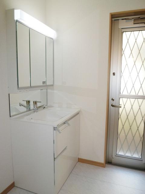 Wash basin, toilet. Washroom back door