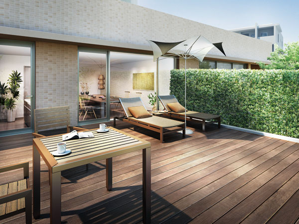 Shared facilities.  [Guest Villas B Rendering] Guest Villas B is, Type of wood deck is followed in the living room. If ask is integrated inside and outside Akehana' the window, No hesitation and Guests of the party also can enjoy.
