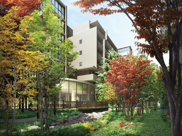 Buildings and facilities. Based on the landscape of the Tama River on the site near, Design the Tama River Garden. Resemble a variety of natural stone to the flow of water, Produce a rich Kawahara of image. Because of the courtyard that anyone other than residents not enter, You can Asobaseru their children in peace.   ※ Tama River Garden Rendering