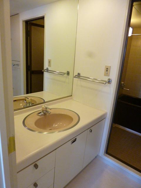 Wash basin, toilet. Vanity of a large mirror.