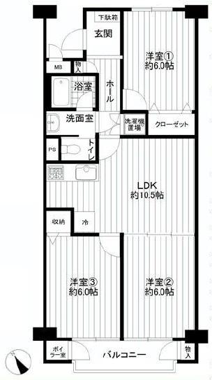 Floor plan. 3LDK, Price 17,980,000 yen, Occupied area 63.69 sq m , Balcony area 6.18 sq m