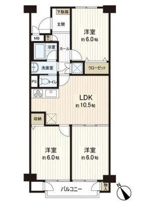 Floor plan. 3LDK, Price 17,980,000 yen, Occupied area 63.69 sq m , Balcony area 6.18 sq m