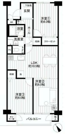 Floor plan. 3LDK, Price 17,900,000 yen, Occupied area 63.69 sq m , Balcony area 6.18 sq m