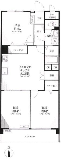 Floor plan. 3DK, Price 23.8 million yen, Occupied area 58.39 sq m , Balcony area 6.6 sq m