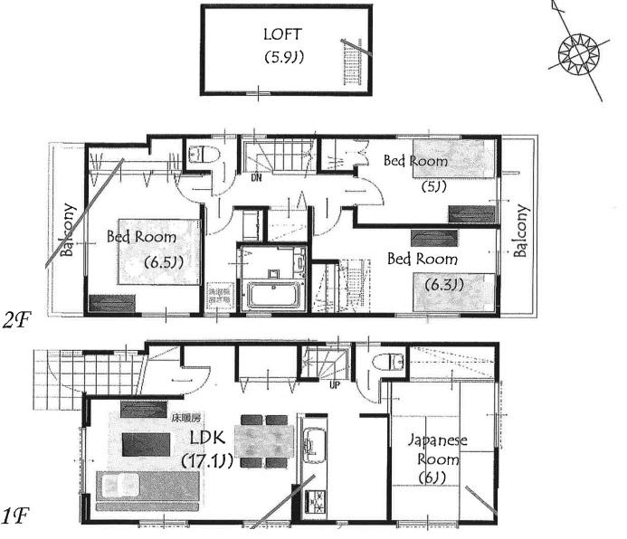 Compartment figure. 49,800,000 yen, 4LDK, Land area 115.72 sq m , Building area 92.44 sq m 4LDK. Two parking-friendly with a car space car.