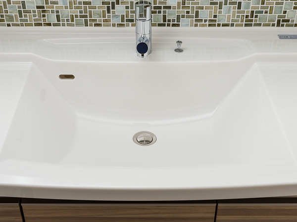 Bathing-wash room.  [Bowl-integrated artificial marble top plate] Seam adopted the artificial marble top plate of the functional, clean impression without.