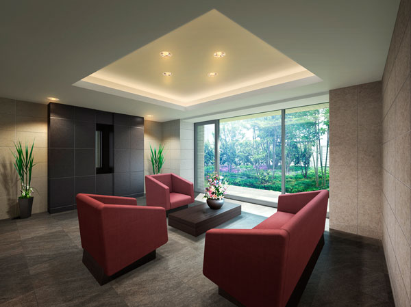 Shared facilities.  [Flowers and trees are watered with views of the "four seasons of the garden.", Garden lounge relax comfortably] At the tip of the entrance hall, Place the "garden lounge" that Oriage ceiling of indirect lighting is reminiscent of the lobby of the prestigious hotel. Its window destination, Arranged a sense of the season rich trees such as maple and dogwood "Four Seasons Garden" is moisture, It will produce comfortably the time of the chat. (Garden lounge Rendering)