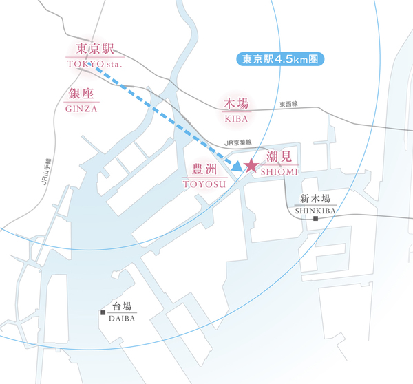 Surrounding environment. "Tokyo Station" about 4.5 km zone. by car, on the train, by bicycle, Position that you can use the city center freely. Also brand Street Marunouchi, Familiar of the shopping street is also the garden sense of Ginza. Is LaLaport Toyosu and Shenzhen Gyazaria can also use everyday position, Without worrying about the time, It enables the living to freely dress the city. (Distance bloc view)