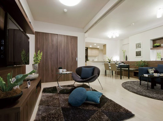 Room and equipment. The kitchen is a LD and a sense of unity open counter type. Large-scale storage and out frame ..., 75 sq m 3LDK Please experience in Moderumu a plan that is felt more widely. (Indoor photo two points which was taken 75G type (model room plan), Grade up ・ Grade on menus, etc., Paid option also included We)