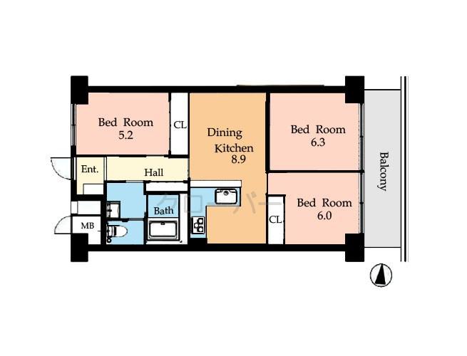 Floor plan. 3DK, Price 17.8 million yen, Footprint 61.6 sq m , Balcony area 7.84 sq m