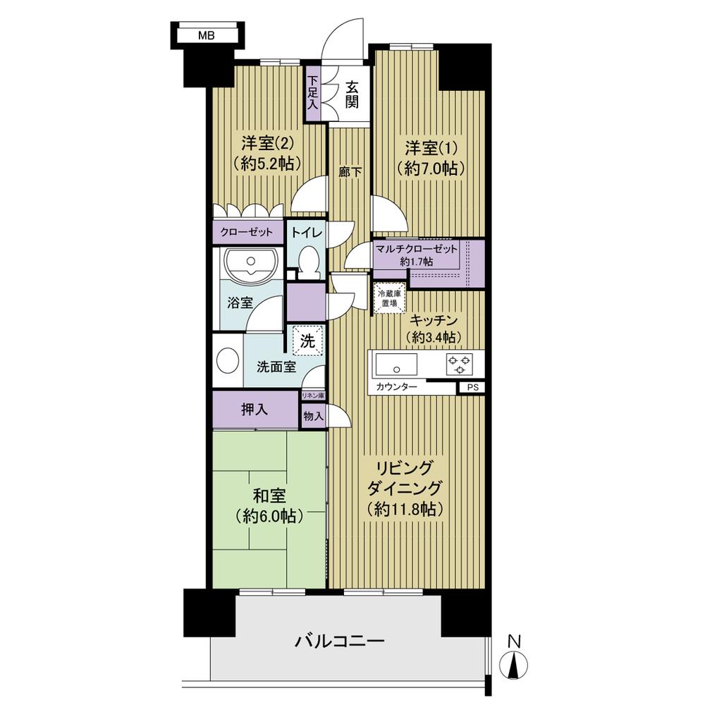 Floor plan. 3LDK, Price 40,800,000 yen, Occupied area 75.01 sq m , Balcony area 12.4 sq m south-facing, 75.01m2, 3LDK, All-electric, Cute