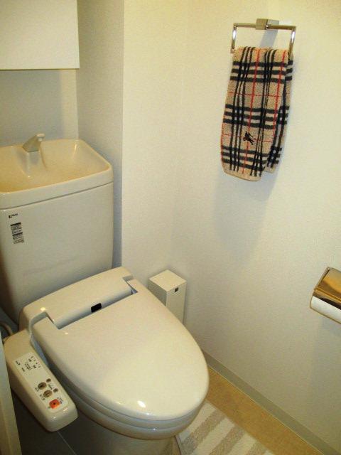 Toilet. Shower toilet. Hanging cupboard Installed.