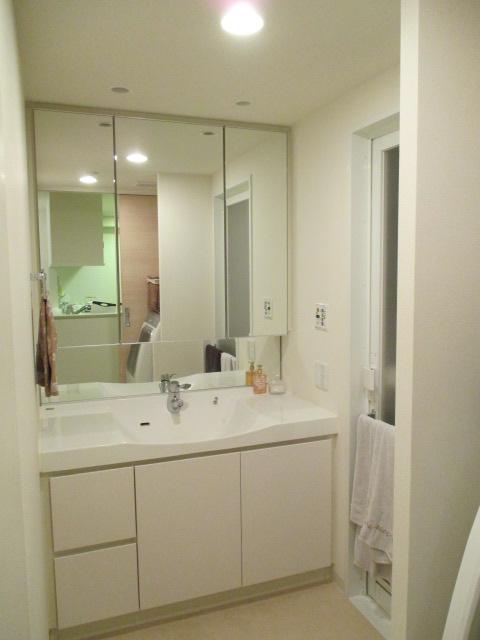 Wash basin, toilet. Vanity with a triple mirror. Storage is also abundant.