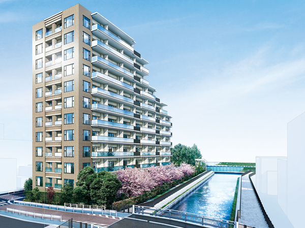 Buildings and facilities. Beauty House of water Jing. Riverfront Residence birth to live with the feeling of opening. (Exterior CG ※ Exterior CG is what drew based on the drawings of the planning stage, In fact a slightly different. It should be noted, Details of the appearance shape, Equipment, etc. does not represent. Also around the telephone pole ・ Label ・ It does not have a representation with regard to the guardrail, etc.. Planting is drawn on the assumption those from the completion of a state that has passed through the initial training period, When completed is expected to be nurturing of plant, We planted at the required interval)