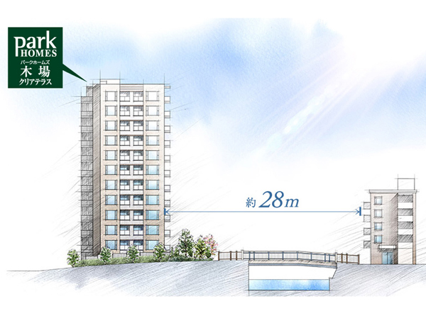 Surrounding environment. <Park Holmes Kiba clear terrace> is, Planning that all houses are facing the waterfront. It is ahead of the balcony of the depth of about 2m there is a refreshing of the waterside, Because it is not adjacent to the neighboring building in that there is a river, There is a sense of relief that the sky is spread. From the windowsill, It brought a bright light and refreshing breeze. (Location concept illustration ※ Actual distance location concept illustrations in what was created on the basis of the blueprint ・ Scale and different)