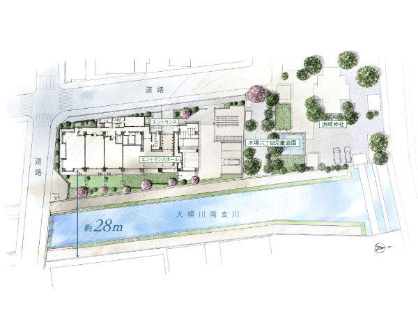 Buildings and facilities. Local is, Location opened in the square where the sky is spread. The river is about 10m wide flowing through the east side of the site. Spread a pleasant open space. It is on the north side Susaki shrine and the park has created a lush landscape. In addition to the west and south ran a small road the car street, It has extended the barrier with the adjacent land. While located in the city center close to the highly convenient location, Housing that can enjoy the open feeling of the Riverfront and the Parkside is born here. ( ※ Site placement illustrations)