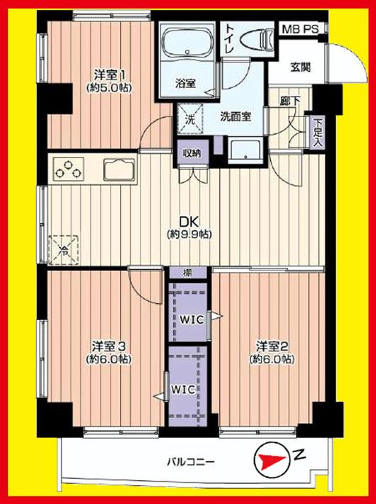Floor plan. 3DK, Price 23.8 million yen, Footprint 56.7 sq m , Balcony area 6.5 sq m