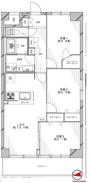 Floor plan. 3LDK, Price 29,980,000 yen, Footprint 66 sq m , Balcony area 8.12 sq m