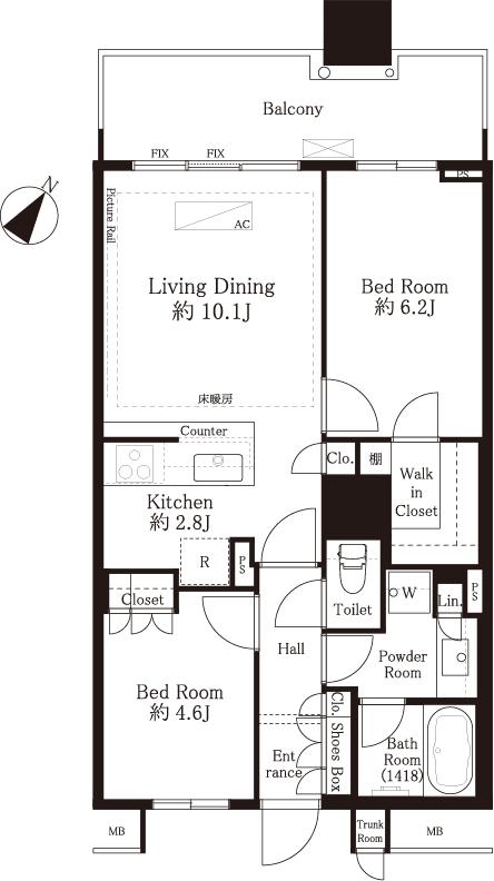 Floor plan. 2LDK, Price 41,800,000 yen, Occupied area 57.64 sq m , Balcony area 9.88 sq m floor plan