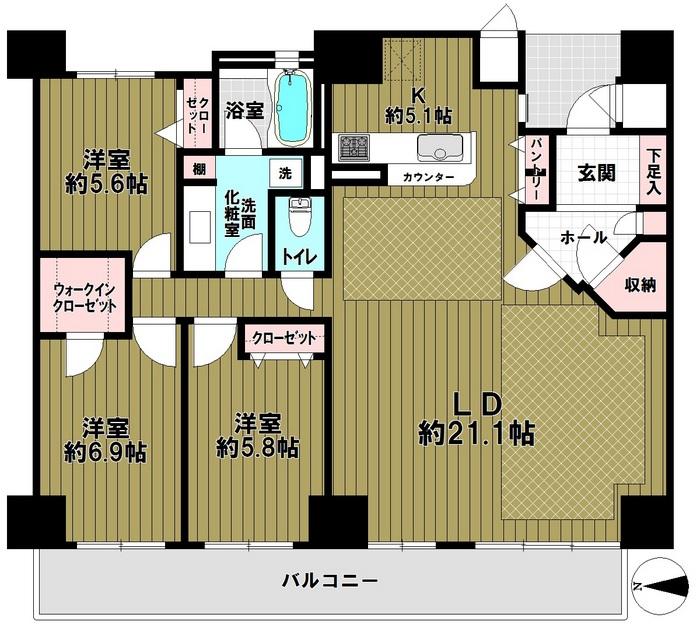 Floor plan. 3LDK, Price 59,800,000 yen, Occupied area 99.57 sq m , Balcony area 13.97 sq m