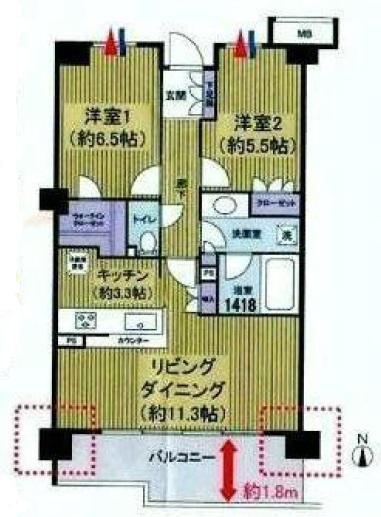 Floor plan. 2LDK, Price 29,800,000 yen, Occupied area 60.04 sq m