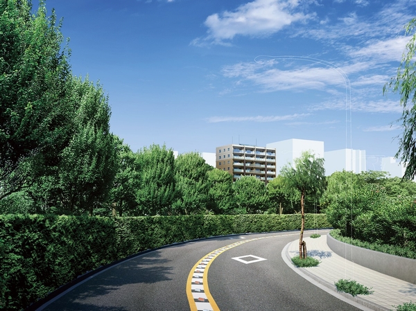 Minamisuna building Exterior CG seen from the green road park