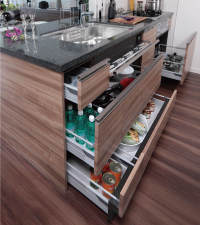 Kitchen.  [All slide cabinet] Deep in the wide, Also we have established an all-slide cabinet that can be out on the smooth, such as large-size cookware.