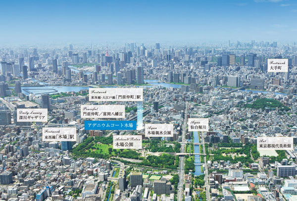 Surrounding environment. The property is, Kiba Station, Attention to the convenience of Monzennakacho available. Kiba park near, Spread in lifestyle Moteru because Shenzhen Gyazaria also close. (Aerial photo (July 2012 shooting) ※ In fact a slightly different is partially CG synthesis)