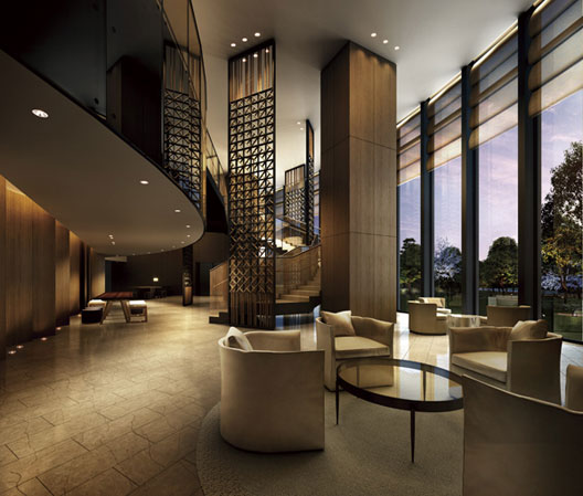 Features of the building.  [Garden lounge Rendering CG] Facing the vast garden that you can enjoy the green of moisture, Is a large space of the two-tier atrium to be healed until the adjacent park and waterscape.